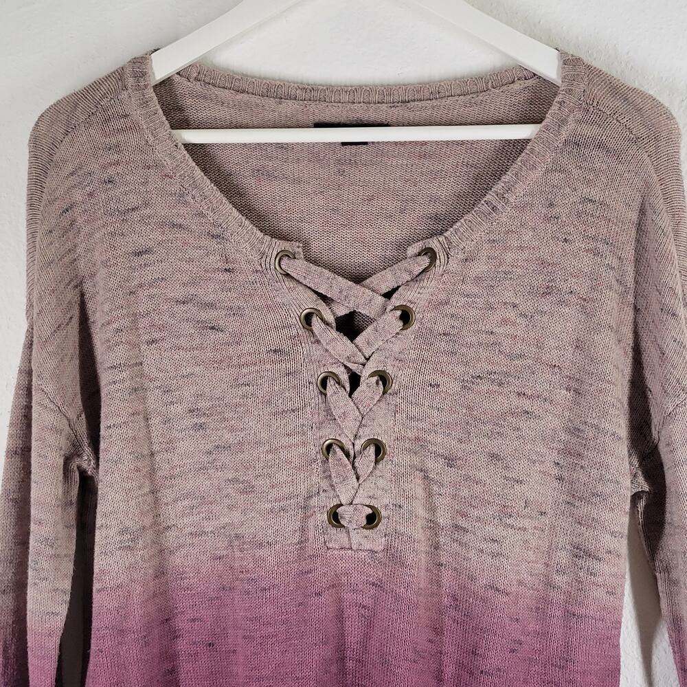 American Eagle Knit Sweater Womens Medium Ombrea Beige‎ Pink Criss Cross V Neck - Picture 2 of 10
